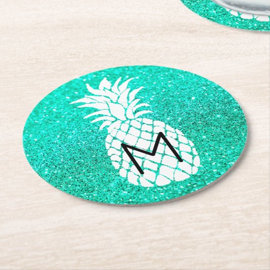 Ananas-Monogramm auf Imitaten aquamariner Glitzer Runder Pappuntersetzer (Angewinkelt)