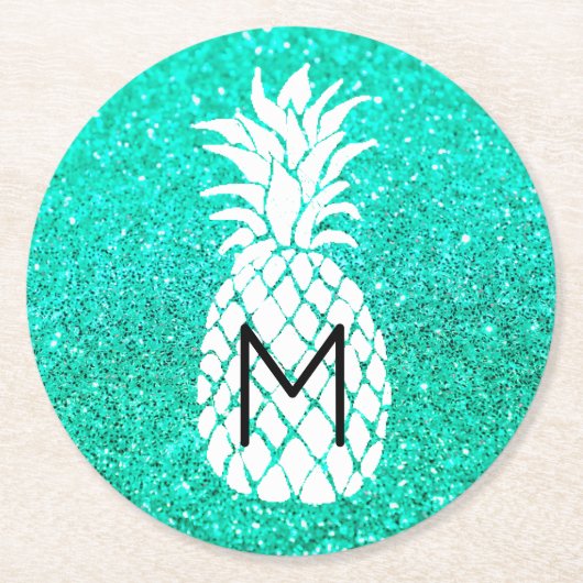 Ananas-Monogramm auf Imitaten aquamariner Glitzer Runder Pappuntersetzer (Vorderseite)