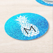 Ananas-Monogramm auf Imitaten, blaues Glitzer, Run Runder Pappuntersetzer (Angewinkelt)