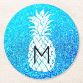 Ananas-Monogramm auf Imitaten, blaues Glitzer, Run Runder Pappuntersetzer (Vorderseite)