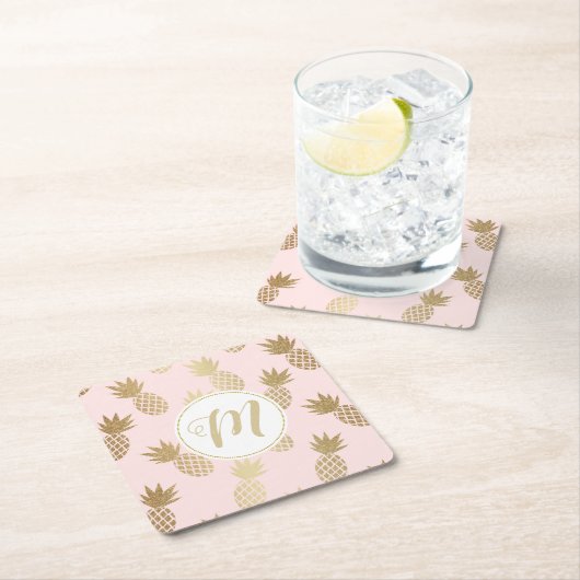 Ananas-Muster und Monogramm Rechteckiger Pappuntersetzer (Vor Ort)