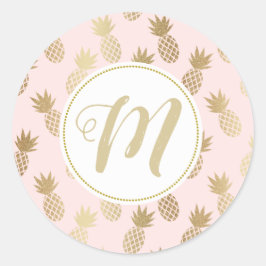 Ananas-Muster und Monogramm Runder Aufkleber