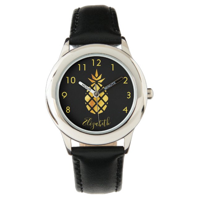 Ananas-Namensschild aus schwarzem Gold Armbanduhr (Vorderseite)