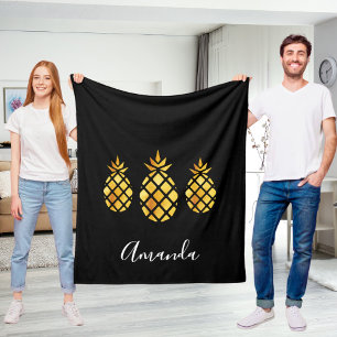 Ananas-Namensschild aus schwarzem Gold Fleecedecke