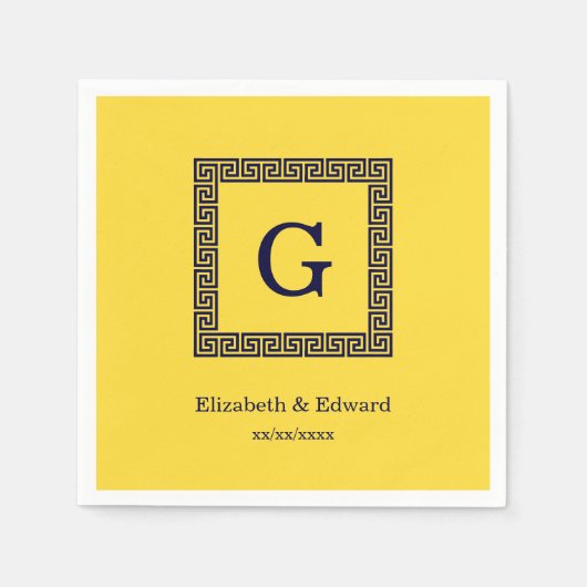 Ananas, Navy Blue Greece Key #1 Gerahmtes Monogram Serviette (Vorderseite)