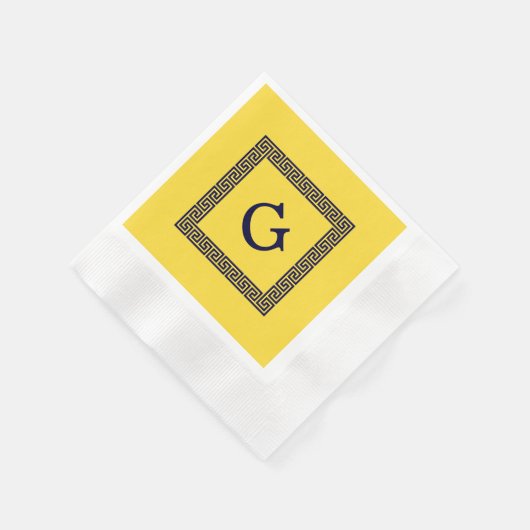 Ananas, Navy Blue Greece Key #1 Gerahmtes Monogram Serviette (Ecke)