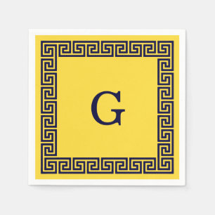 Ananas, Navy Blue Greece Key #1 Gerahmtes Monogram Serviette