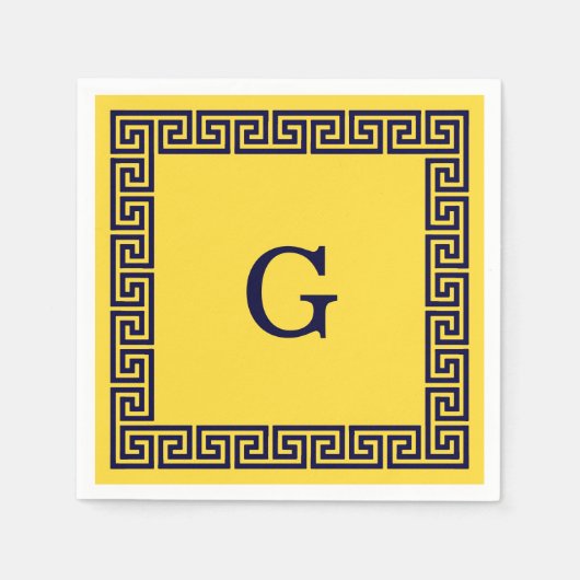 Ananas, Navy Blue Greece Key #1 Gerahmtes Monogram Serviette (Vorderseite)