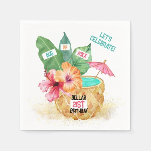 Ananas Palm Hibiskus Tropischer Cocktail Geburtsta Serviette (Vorderseite)