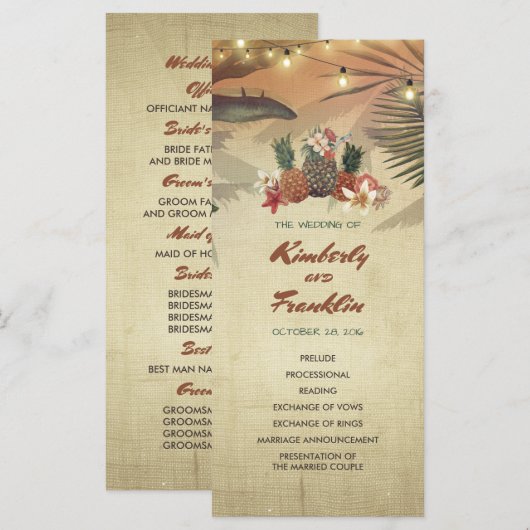 Ananas Palm String Lights Beach Wedding Programm (Vorne/Hinten)