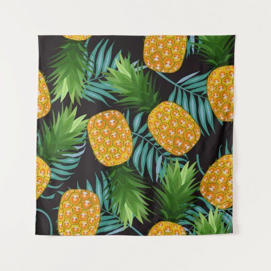 Ananas-Palmen-Schwarzes Band Wandteppich (Vorderseite)