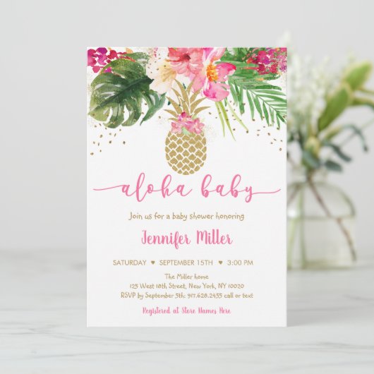 Ananas Pink Gold Floral Aloha Baby Dusche Einladung (Stehend Vorderseite)