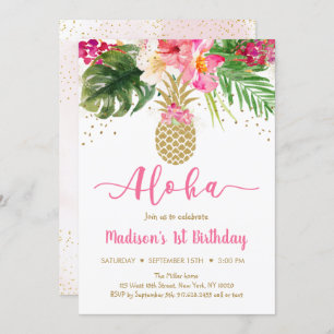 Ananas Pink Gold Floral Aloha Geburtstag Einladung