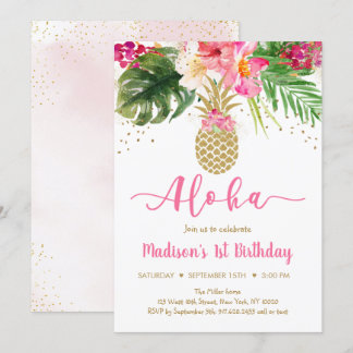Ananas Pink Gold Floral Aloha Geburtstag Einladung