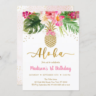 Ananas Pink Gold Floral Aloha Geburtstag Einladung