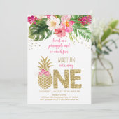 Ananas Pink Gold Floral Erster Geburtstag Einladung (Stehend Vorderseite)