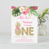 Ananas Pink Gold Floral Erster Geburtstag Einladung (Stehend Vorderseite)