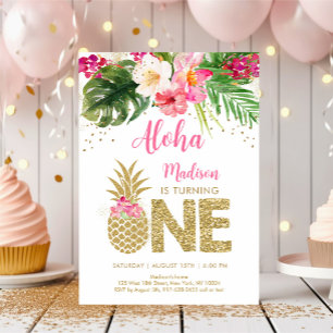 Ananas Pink Gold Floral Erster Geburtstag Einladung
