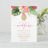 Ananas Pink Gold Floral Tropical Wedding Einladung (Stehend Vorderseite)
