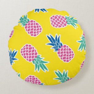 Ananas-Rausch: Helle Cartoon-Vintage. Rundes Kissen