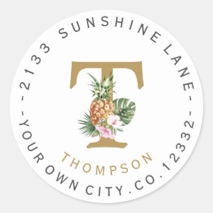 Ananas Rosa Blume Monogramm Circular Address Runder Aufkleber