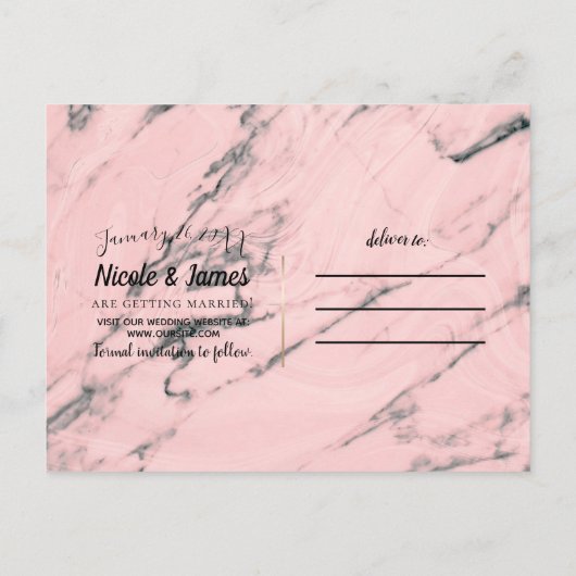 Ananas rosa Marmor Swirl Modern Save the Date Ankündigungspostkarte (Rückseite)