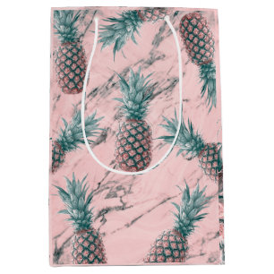 Ananas & Rosa Marmor Swirl Moderne Tropische Elega Mittlere Geschenktüte