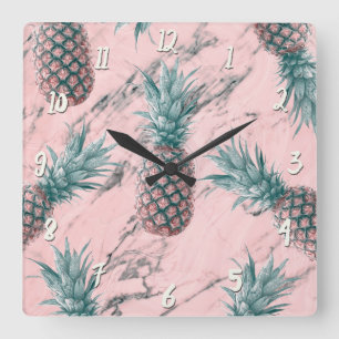 Ananas & Rosa Marmor Wirbel Moderne Tropische Eleg Quadratische Wanduhr