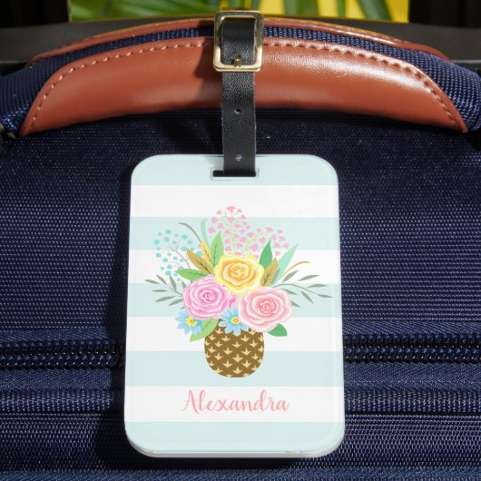 Ananas Rose Bouquet Pink Türkis Streifen Gepäckanhänger (Vorderseite Insitu 2)