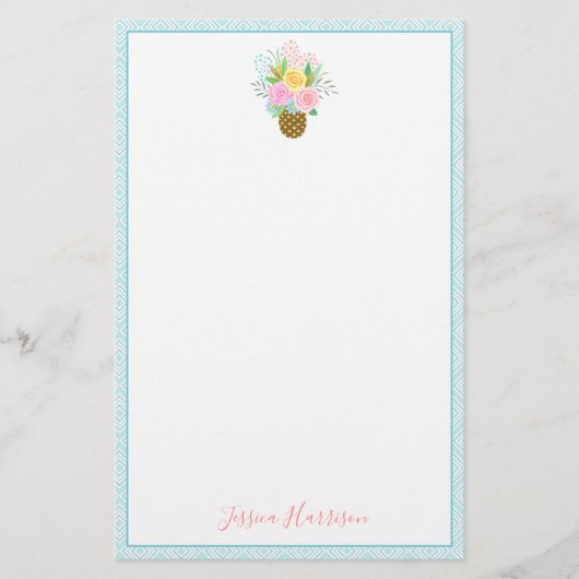 Ananas Rose Bouquet Pink Yellow Blue Briefpapier (Vorderseite)