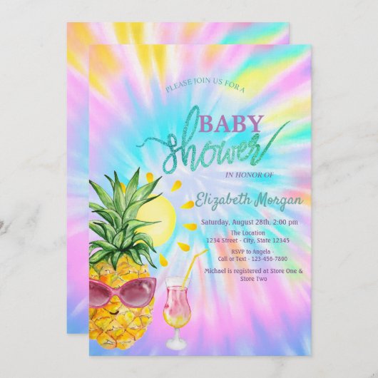 Ananas, Sonne, Cocktail Gefärbte Krawatte Babydusc Einladung (Vorne/Hinten)
