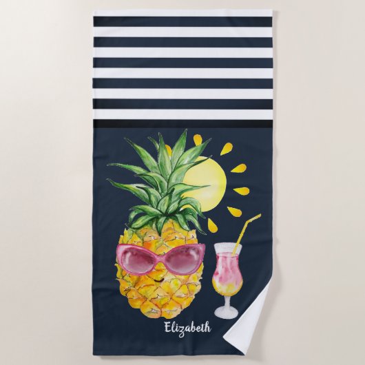 Ananas Sun Cocktail Navy Blue Striped Strandtuch (Vorderseite)