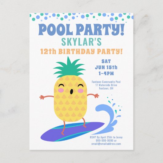 Ananas Surfer Geburtstag Pool Party Kinder Einladungspostkarte (Vorderseite)
