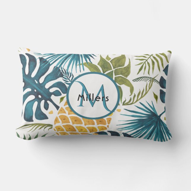 Ananas tropisch-blaues Monogramm Kissen Für Draußen (Vorderseite)