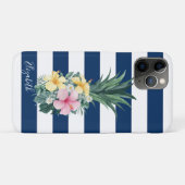 Ananas tropische Blume, Navy Blue Striped Case-Mate iPhone Hülle (Rückseite (Horizontal))