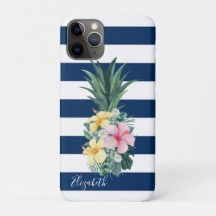 Ananas tropische Blume, Navy Blue Striped Case-Mate iPhone Hülle