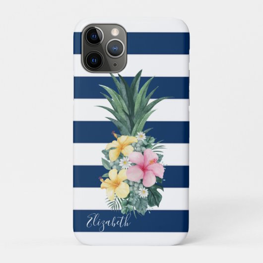 Ananas tropische Blume, Navy Blue Striped Case-Mate iPhone Hülle (Rückseite)