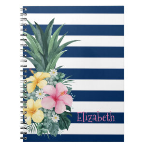 Ananas tropische Blume Navy Blue Stripes Notizblock