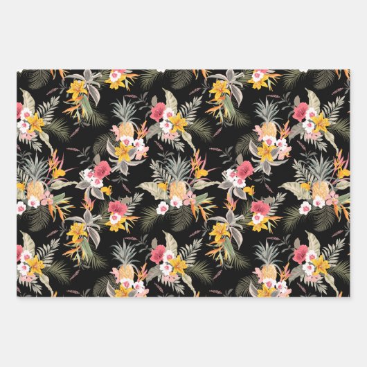 Ananas tropische Blume Schwarz Geschenkpapier Set (Vorderseite 2)