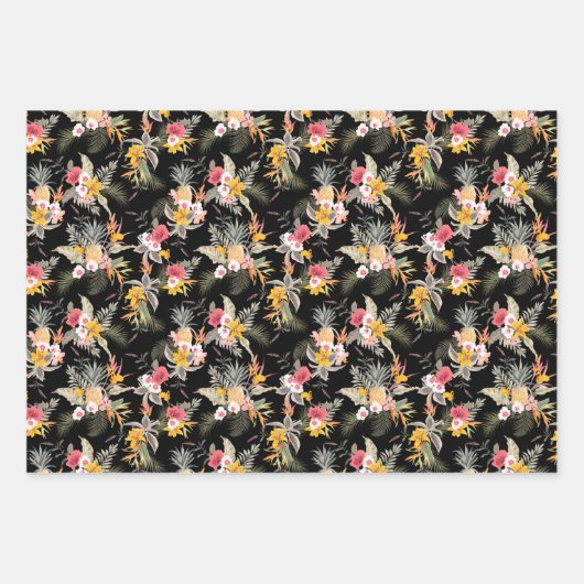 Ananas tropische Blume Schwarz Geschenkpapier Set (Vorderseite)