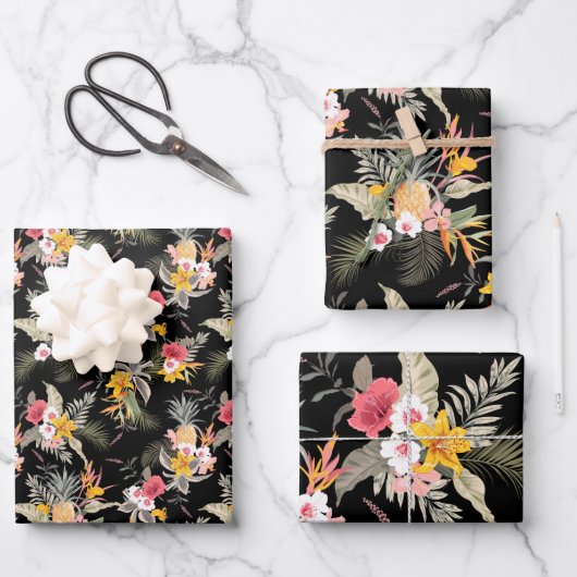 Ananas tropische Blume Schwarz Geschenkpapier Set (Vorderseite)