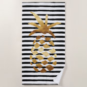Ananas u. Streifen - Gold auf Schwarzem/Weiß Strandtuch (Vorderseite)
