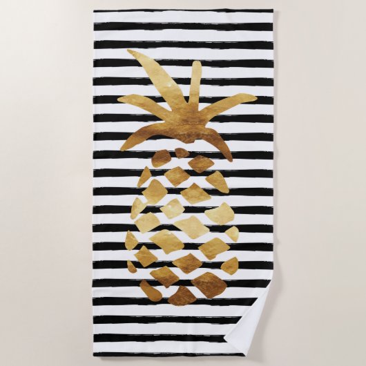 Ananas u. Streifen - Gold auf Schwarzem/Weiß Strandtuch (Vorderseite)