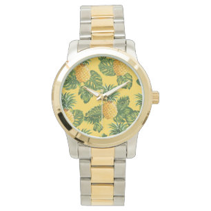Ananas u. tropisches Blätter auf Gold Armbanduhr