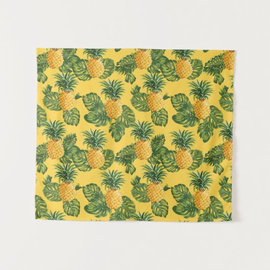 Ananas u. tropisches Blätter auf Gold Wandteppich (Vorderseite (Horizontal))