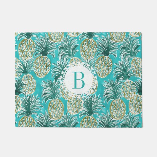ANANAS-UHR tropisches Aquarell-Monogramm Fußmatte (Vorderseite)
