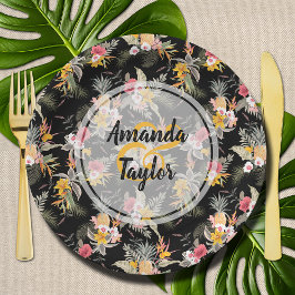 Ananas und Blume auf Schwarz Pappteller