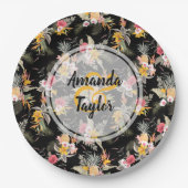 Ananas und Blume auf Schwarz Pappteller (Vorderseite)