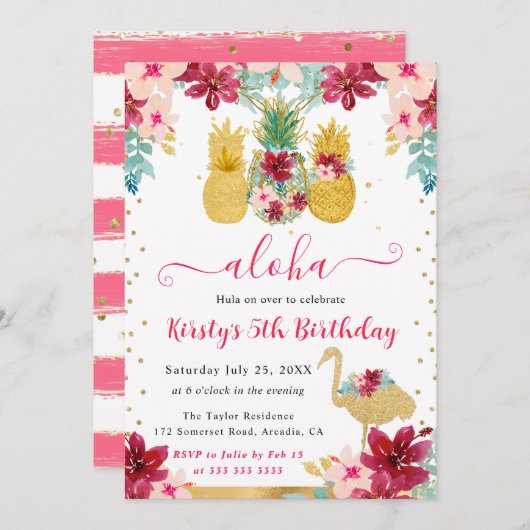 Ananas und Flamingo Kindergeburtstag Einladung (Vorne/Hinten)