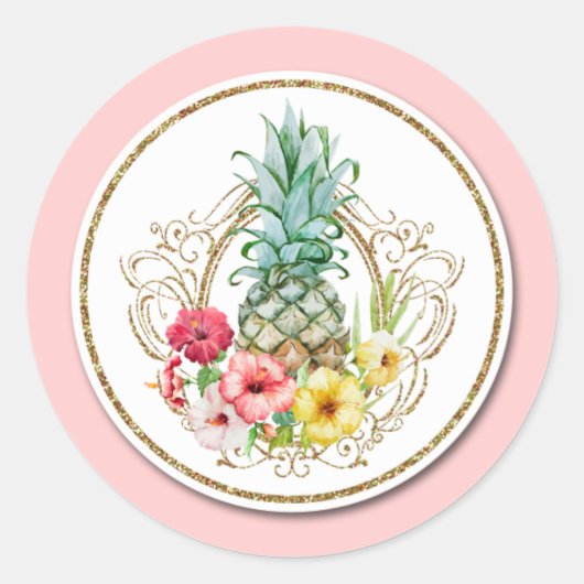 Ananas und Hibiskus Blume Wasserfarbe Tropisch Runder Aufkleber (Vorderseite)